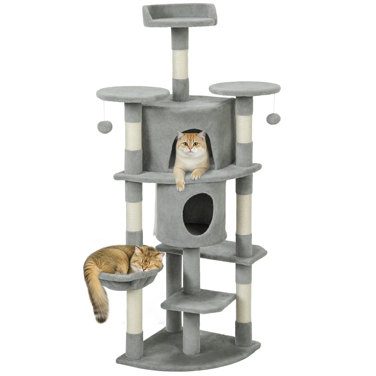 62" Cat Tree With Scratching Post, 2 Condos, Hammock, Light Grey