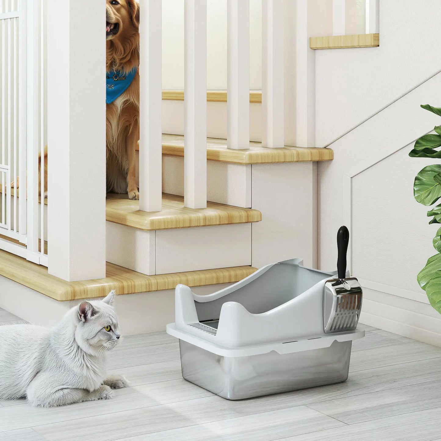 Stainless Steel Cat Litter Box, 17" x 13" x 10", Metal Scoop, Grey Cat Litter Box Enclosures at Gallery Canada