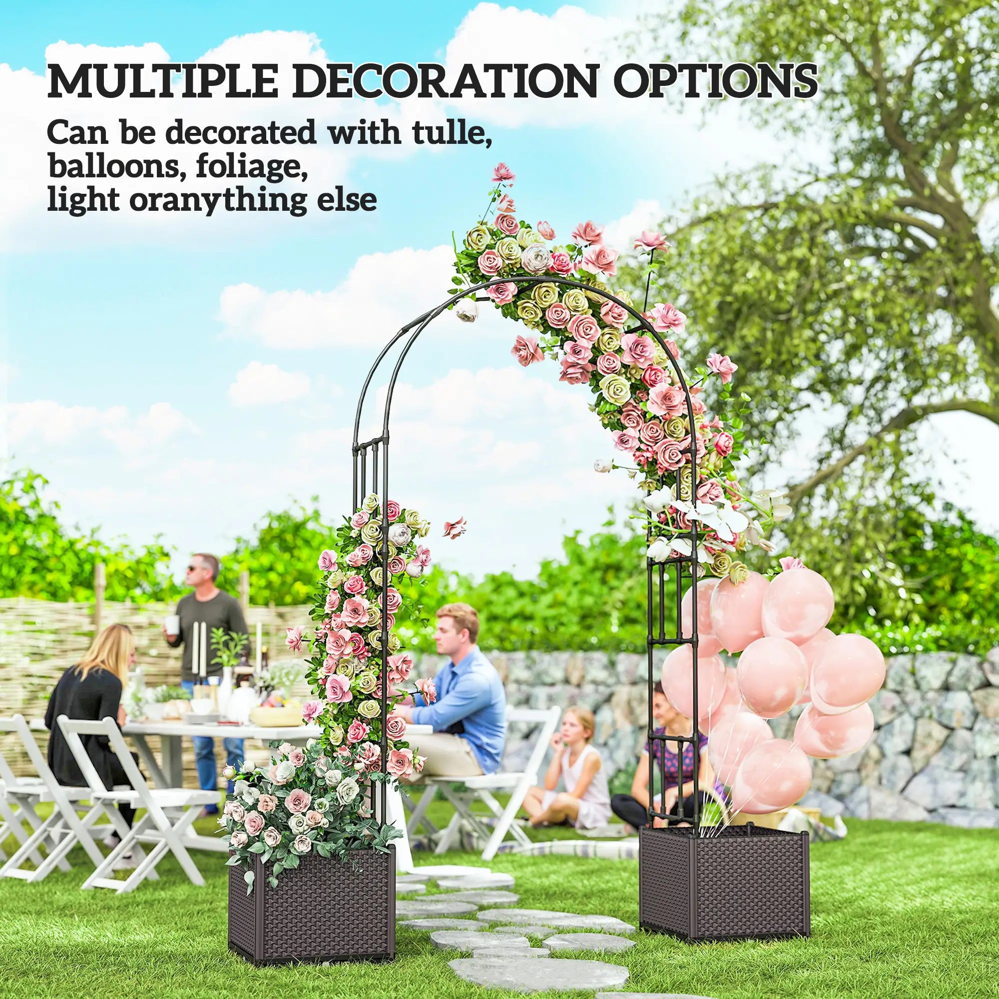 8ft Garden Arch with Planters, Steel Trellis Arbor, Brown, Black Garden Arches at Gallery Canada