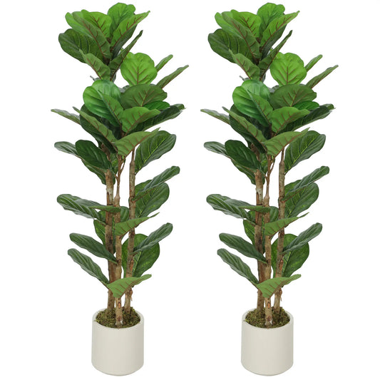4FT Artificial Fiddle Leaf Fig Tree Set Of 2, Fake Potted Tree With Solid Wood Trunks, Green Artificial Trees Green at Gallery Canada