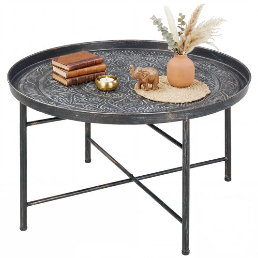 Vintage Coffee Table, 24" Round, Hammered Tray Top, Metal Frame, Pewter Coffee Tables Pewter at Gallery Canada