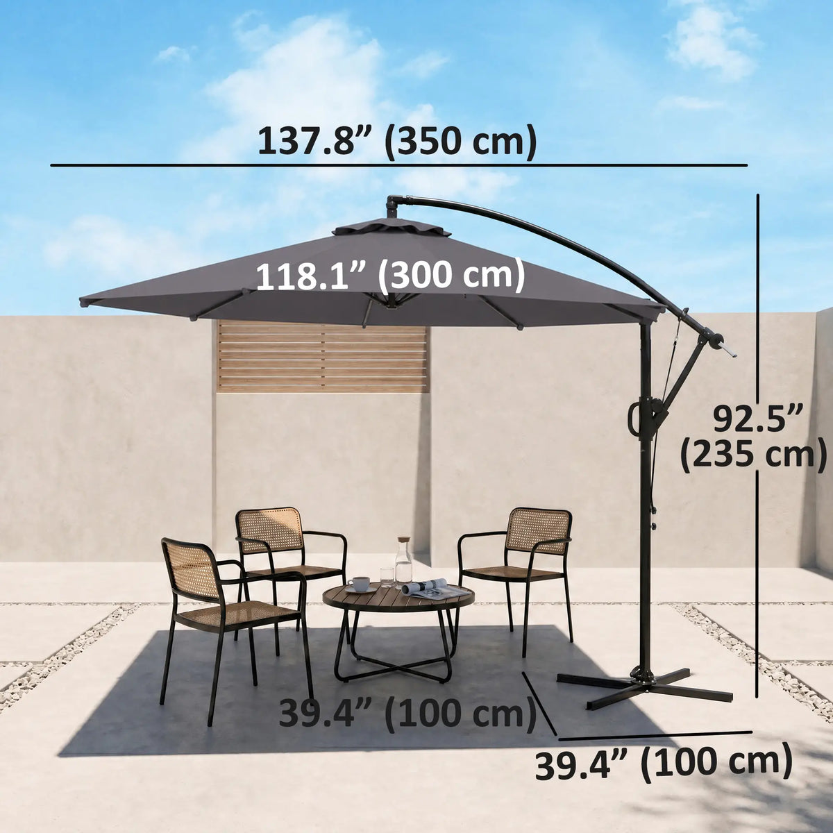 118.1" Patio Offset Umbrella, With Cover, Wind Strap, Crank, Tilt, UPF50+, Grey Offset Cantilever Umbrellas at Gallery Canada