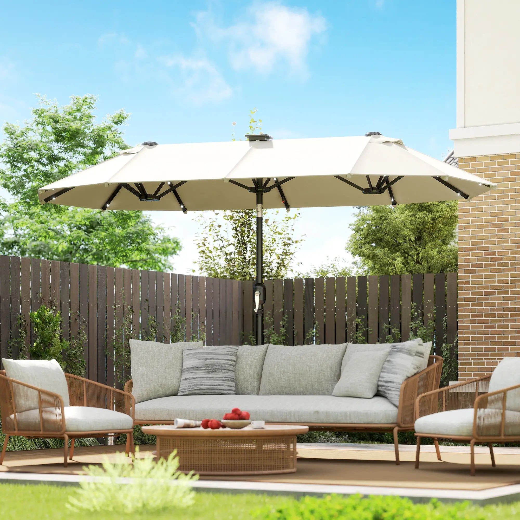 10ft Double-Sided Patio Umbrella, 35 LED Lights, 12 Ribs, Beige Double-sided Umbrellas at Gallery Canada