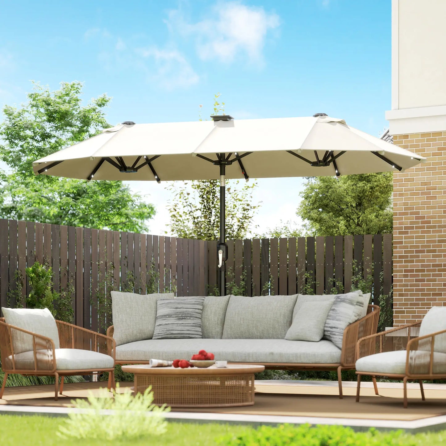 10ft Double-Sided Patio Umbrella, 35 LED Lights, 12 Ribs, Beige Double-sided Umbrellas at Gallery Canada