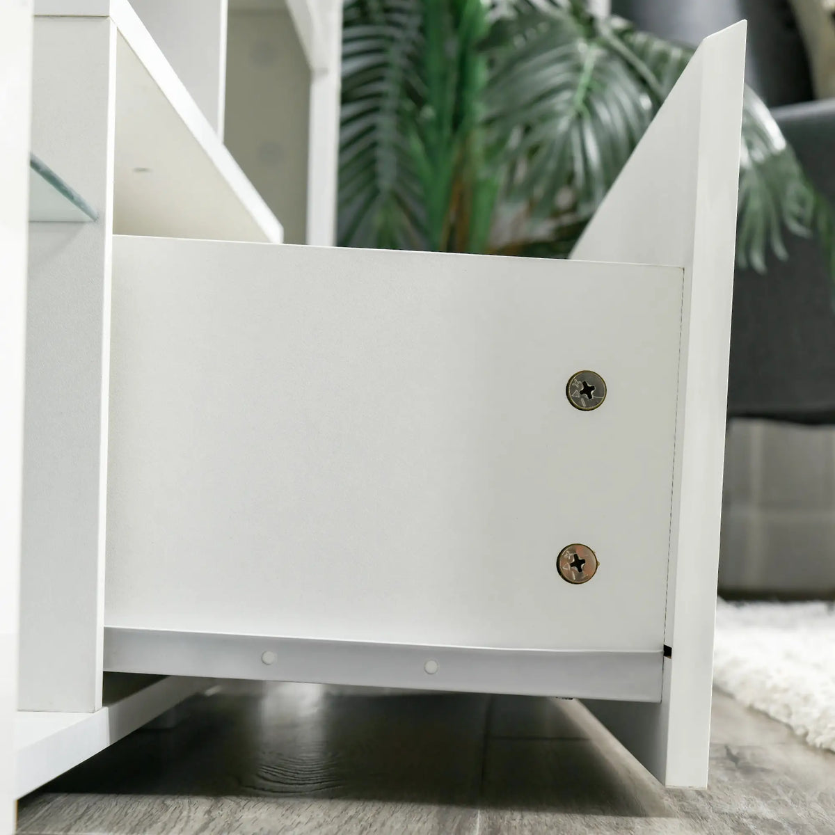 Support TV pour téléviseurs de 55 pouces, lumières LED, télécommande, tiroir de rangement, blanc