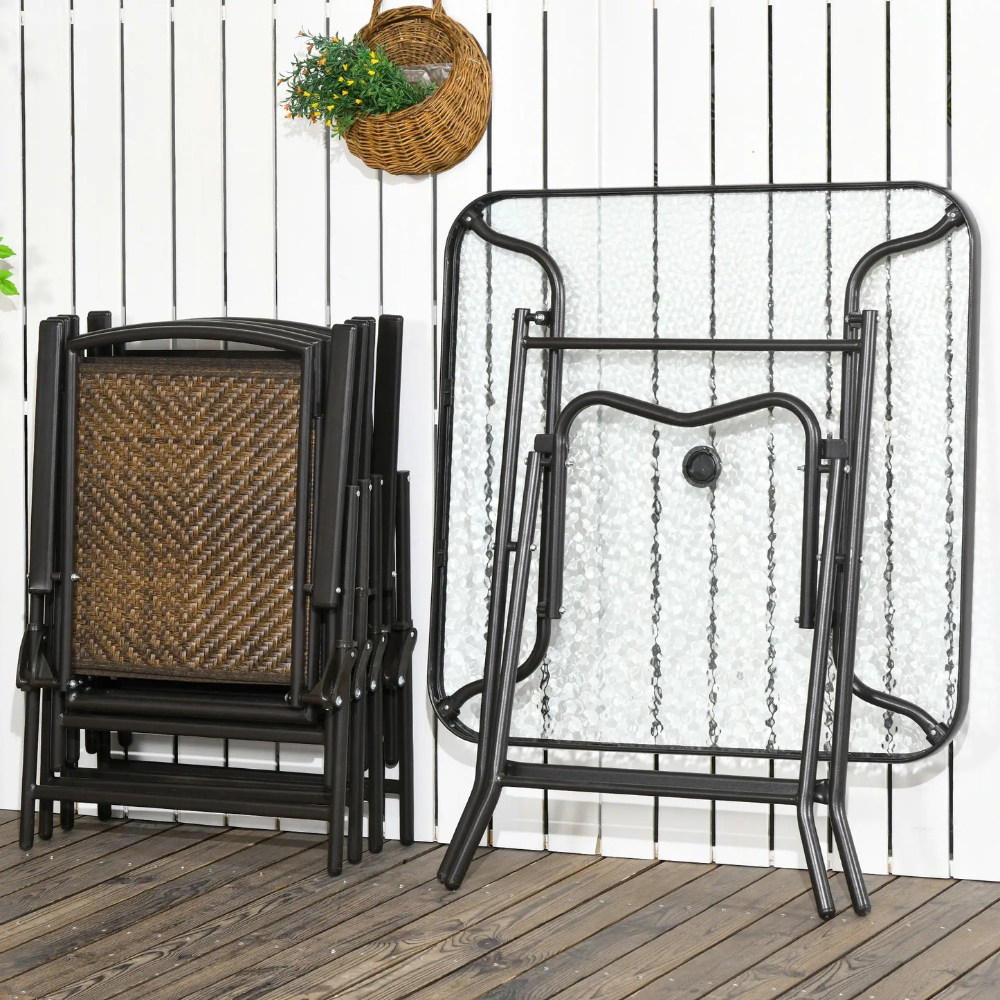 5-Piece Folding Rattan Patio Set, Table and 4 Chairs, Umbrella Hole, Tempered Glass Top, Dark Brown Patio Furniture Sets at Gallery Canada