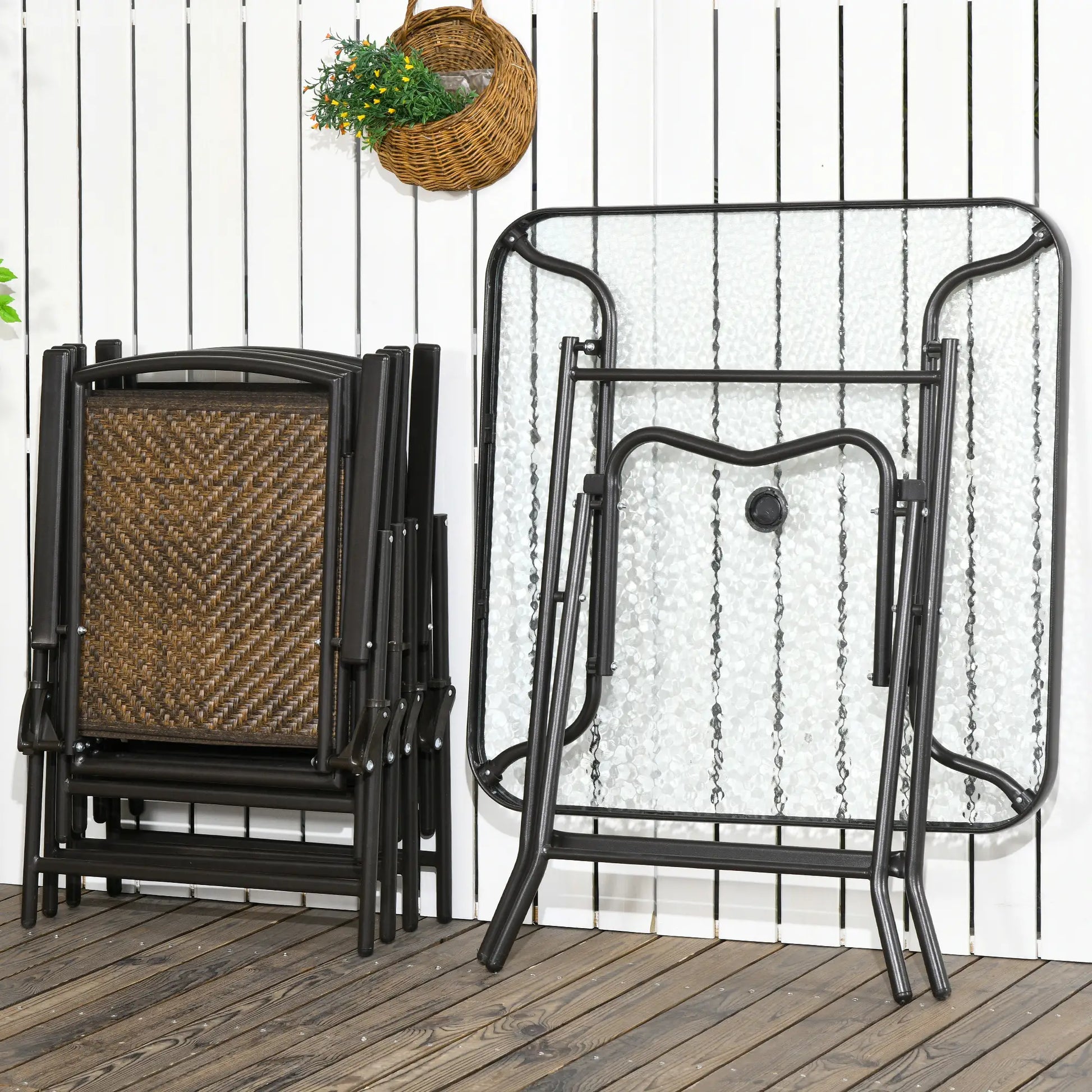 5-Piece Folding Rattan Patio Set, Table and 4 Chairs, Umbrella Hole, Tempered Glass Top, Dark Brown Patio Furniture Sets at Gallery Canada