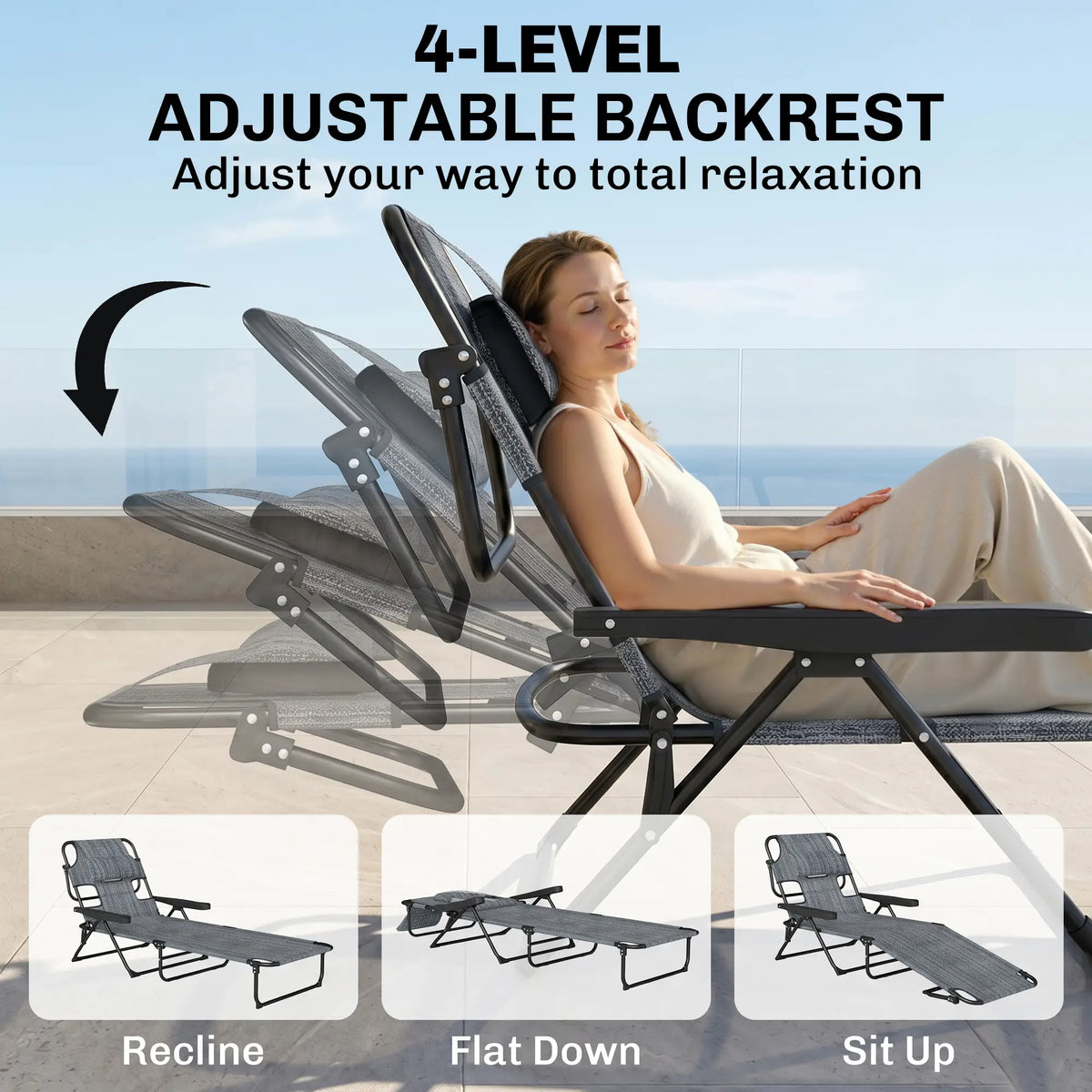 Folding Lounge Chair, Reclining Back, Mixed Grey, Grey