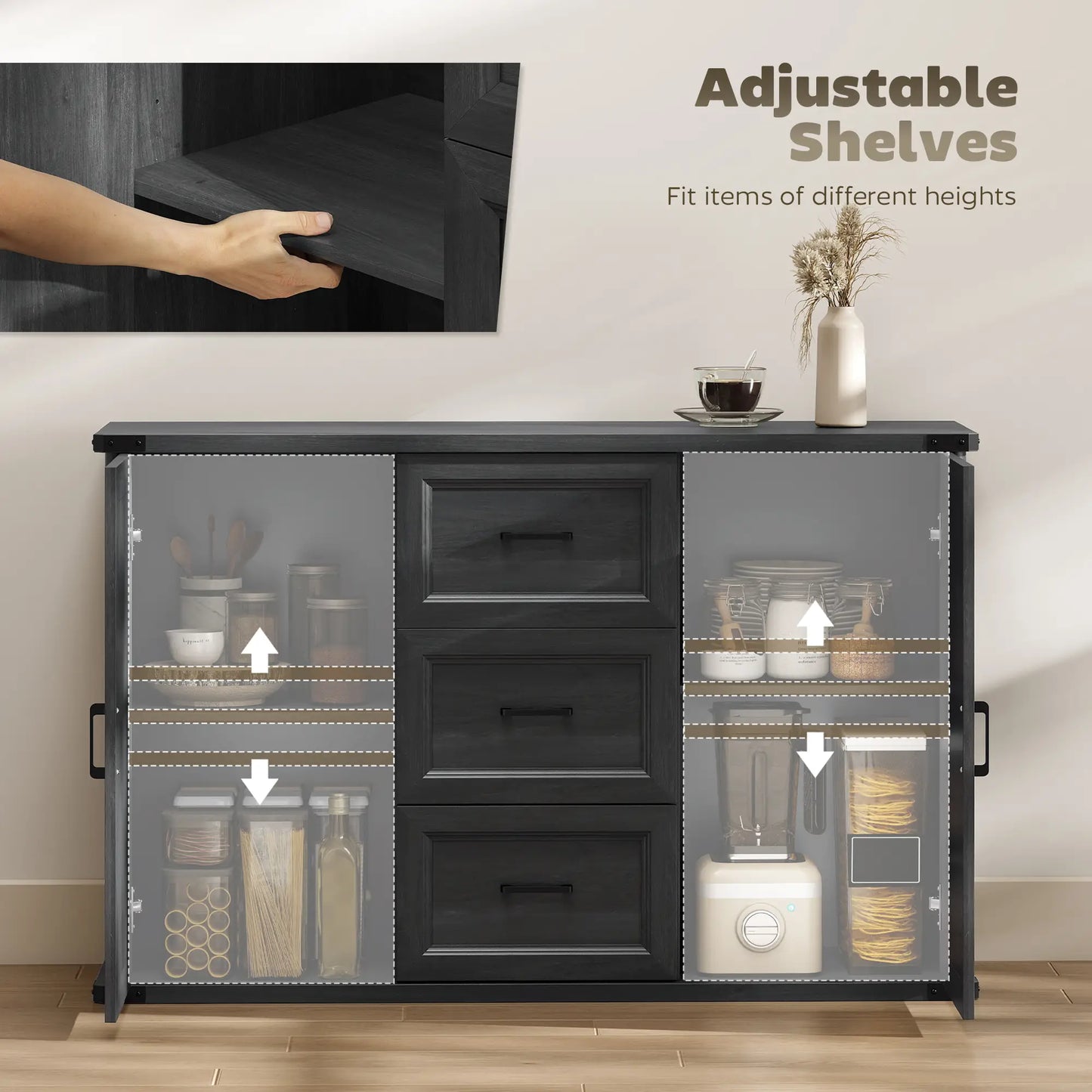47" Sideboard With 3 Drawers, 2 Doors, Adjustable Shelves, Wood Grain, Black Storage Cabinets at Gallery Canada