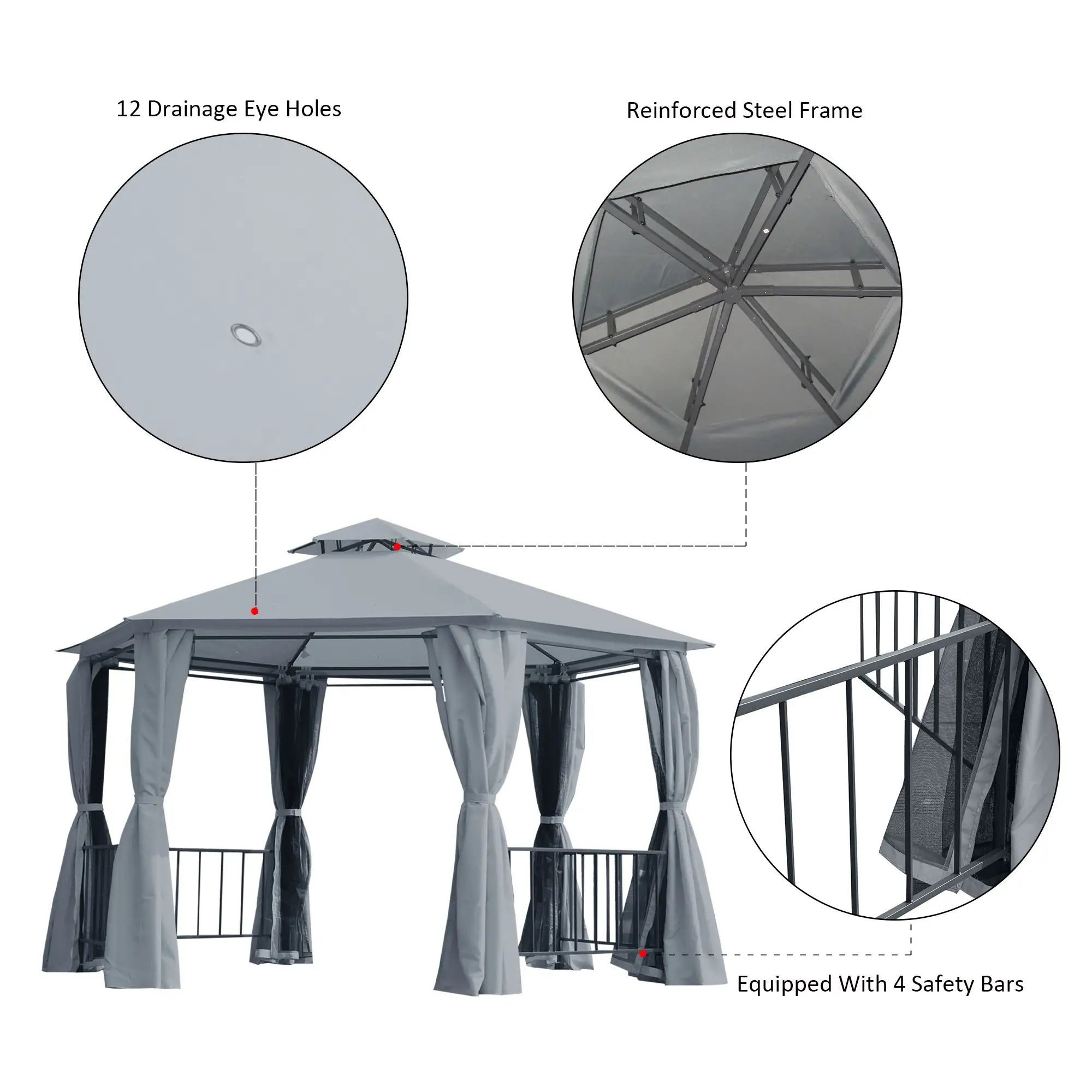 13ft Hexagon Gazebo, Outdoor Canopy Shelter, Netting, Shaded Curtains, Grey Gazebos at Gallery Canada