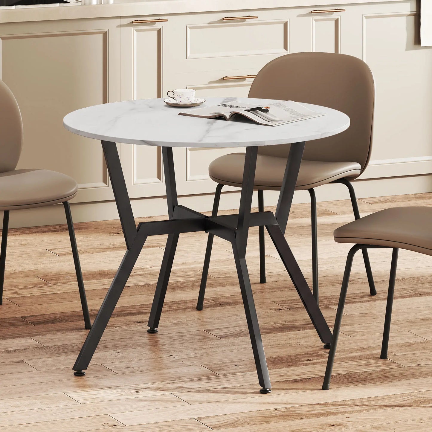 35" Round Dining Table, Modern Steel Frame, White Marble, White Dining Tables at Gallery Canada