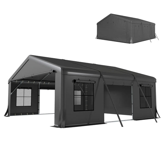 20' x 20' Heavy Duty Carport, Portable Garage Canopy Tent, Dark Grey Car Shelters Dark Grey at Gallery Canada