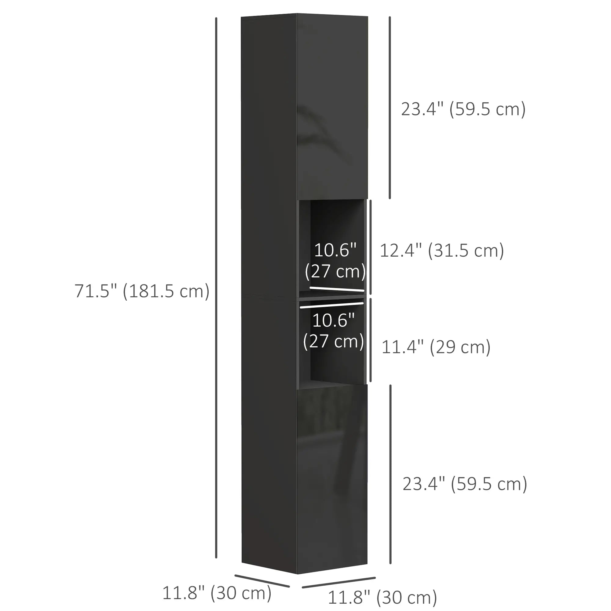 Tall Bathroom Cabinet, High Gloss Storage, Adjustable Shelves, 11.8