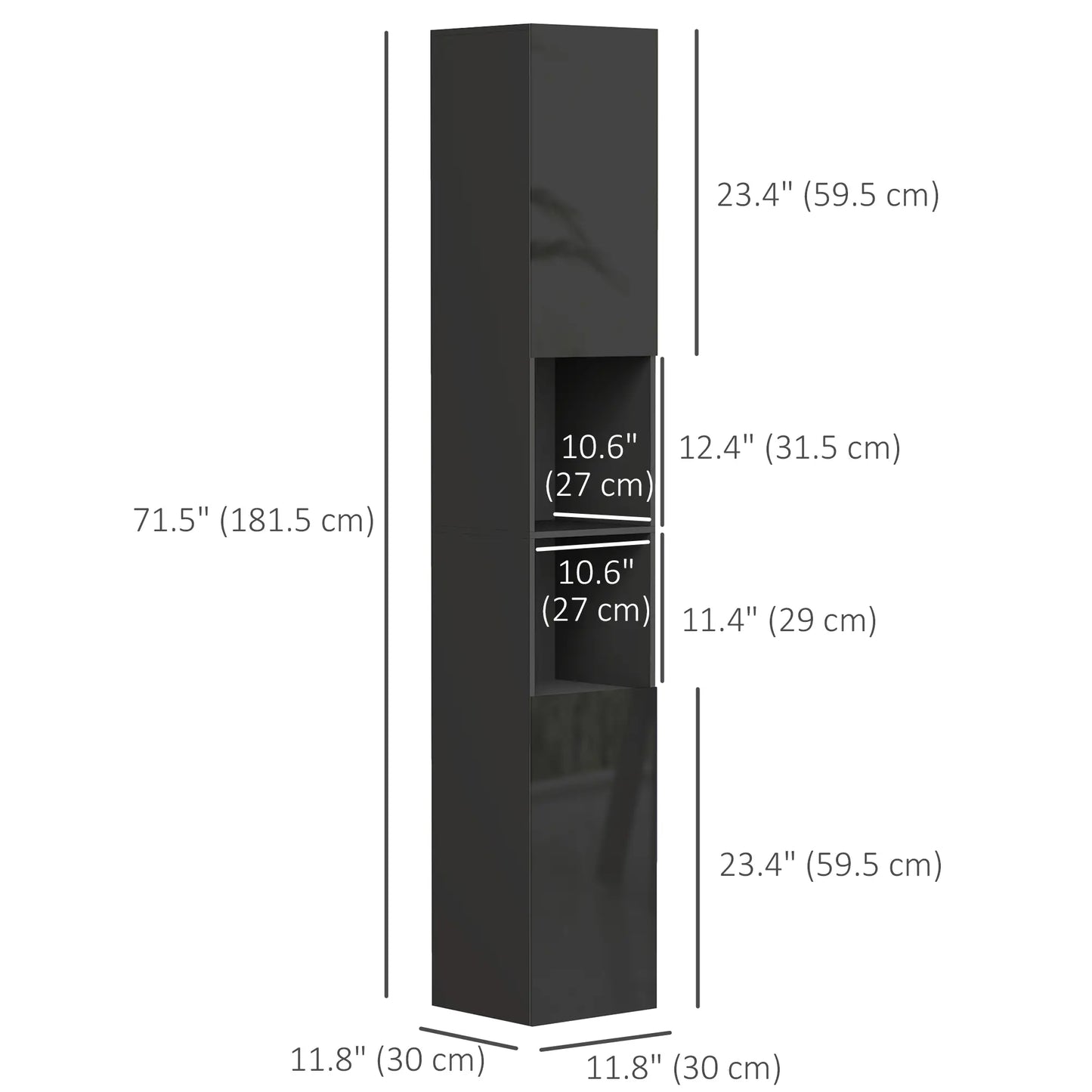 Tall Bathroom Cabinet, High Gloss Storage, Adjustable Shelves, 11.8" x 11.8" x 71.5", Black Bathroom Cabinets at Gallery Canada