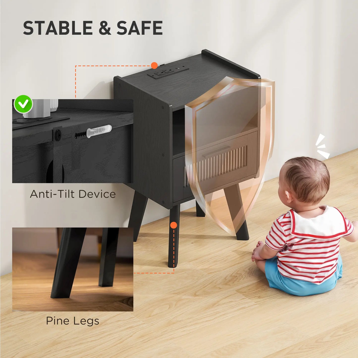 Modern Nightstands Set of 2, Charging Station, Storage, Glass Door, Black Side Tables at Gallery Canada