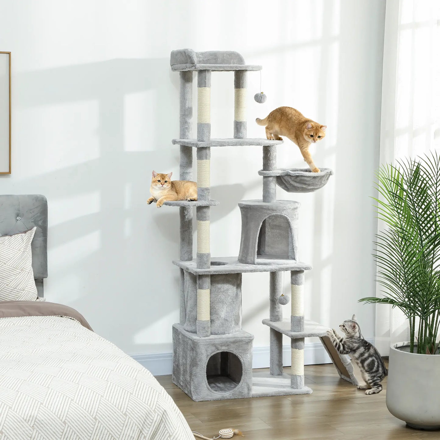 67" Large Cat Tree with 7 Scratching Posts, Tunnel, 2 Condos, Hammock, Perch, Ramp, Pompoms, Light Grey