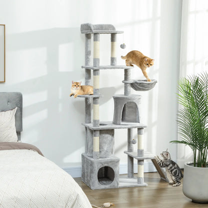 67" Large Cat Tree with 7 Scratching Posts, Tunnel, 2 Condos, Hammock, Perch, Ramp, Pompoms, Light Grey