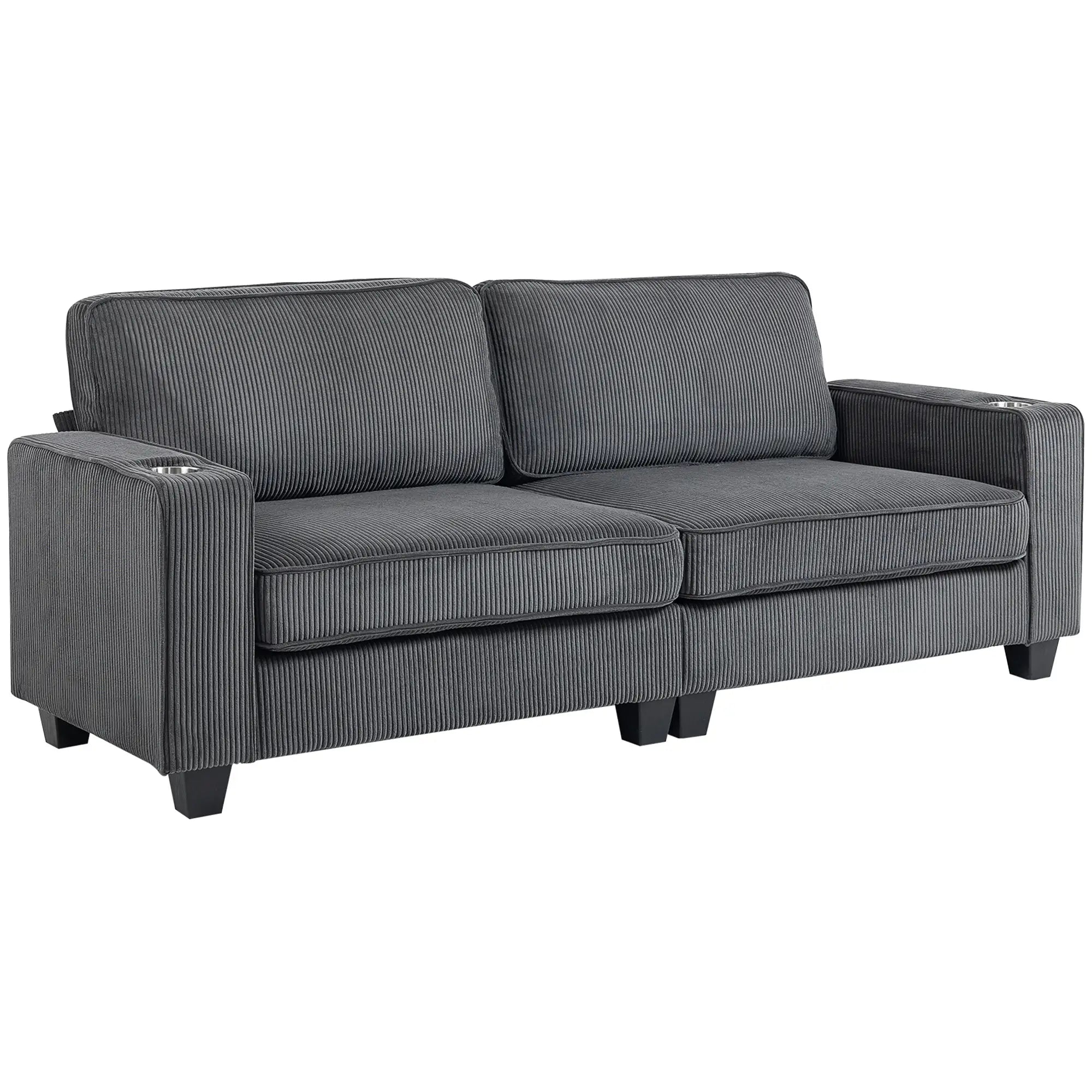 Three Seater Sofa, Fabric Couch with Spring Cushion, Cup Holders, Dark Grey 3-Seater Sofas at Gallery Canada