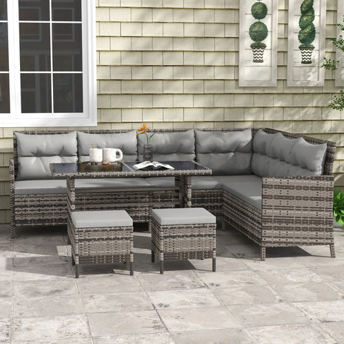 6pcs Outdoor Rattan Sofa Set, Wicker Sectional Couch, Dining Table, Chair, Grey