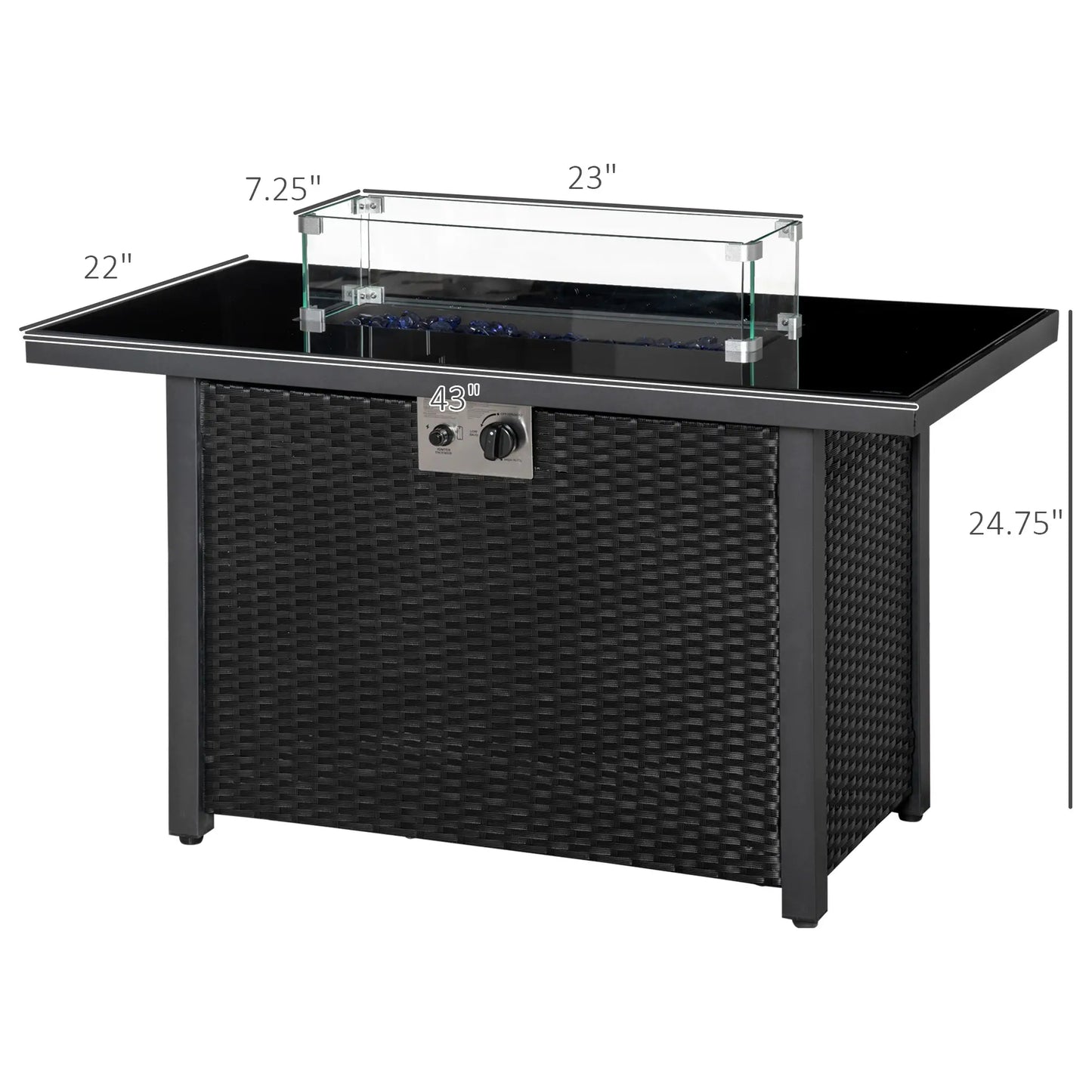 43in Propane Fire Pit Table, 50,000 BTU, Blue Glass Rock, Black Fire Pits at Gallery Canada