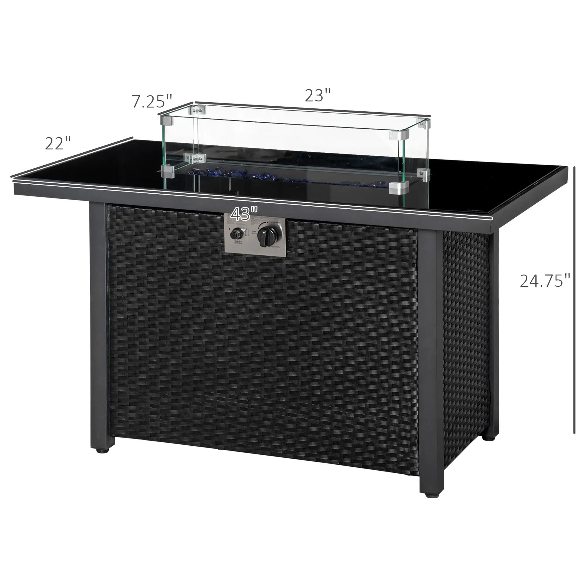 43in Propane Fire Pit Table, 50,000 BTU, Blue Glass Rock, Black Fire Pits at Gallery Canada