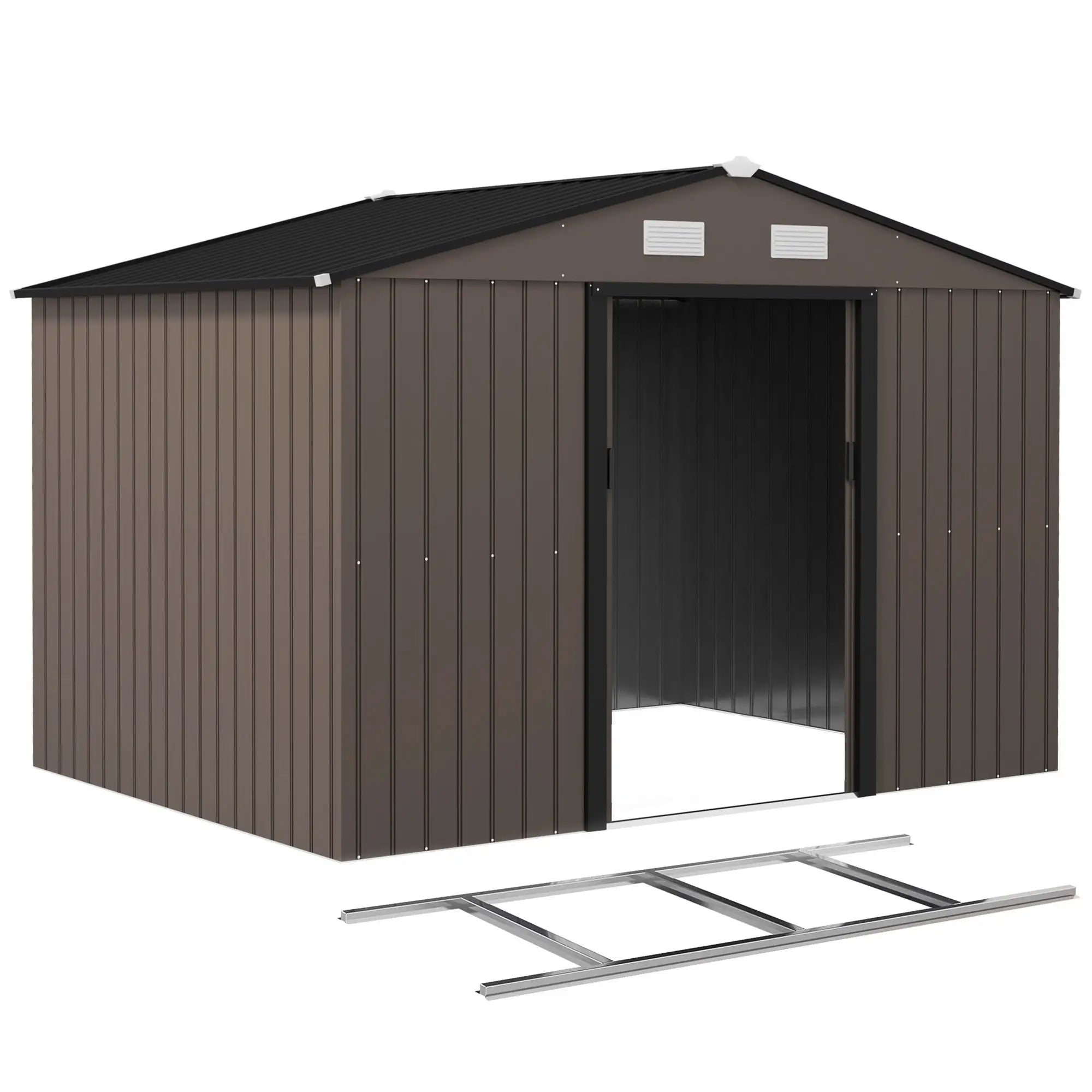 9.1'x6.4'x6.3' Garden Storage Shed, Foundation Kit, Metal Tool House, Double Doors, Brown Sheds at Gallery Canada