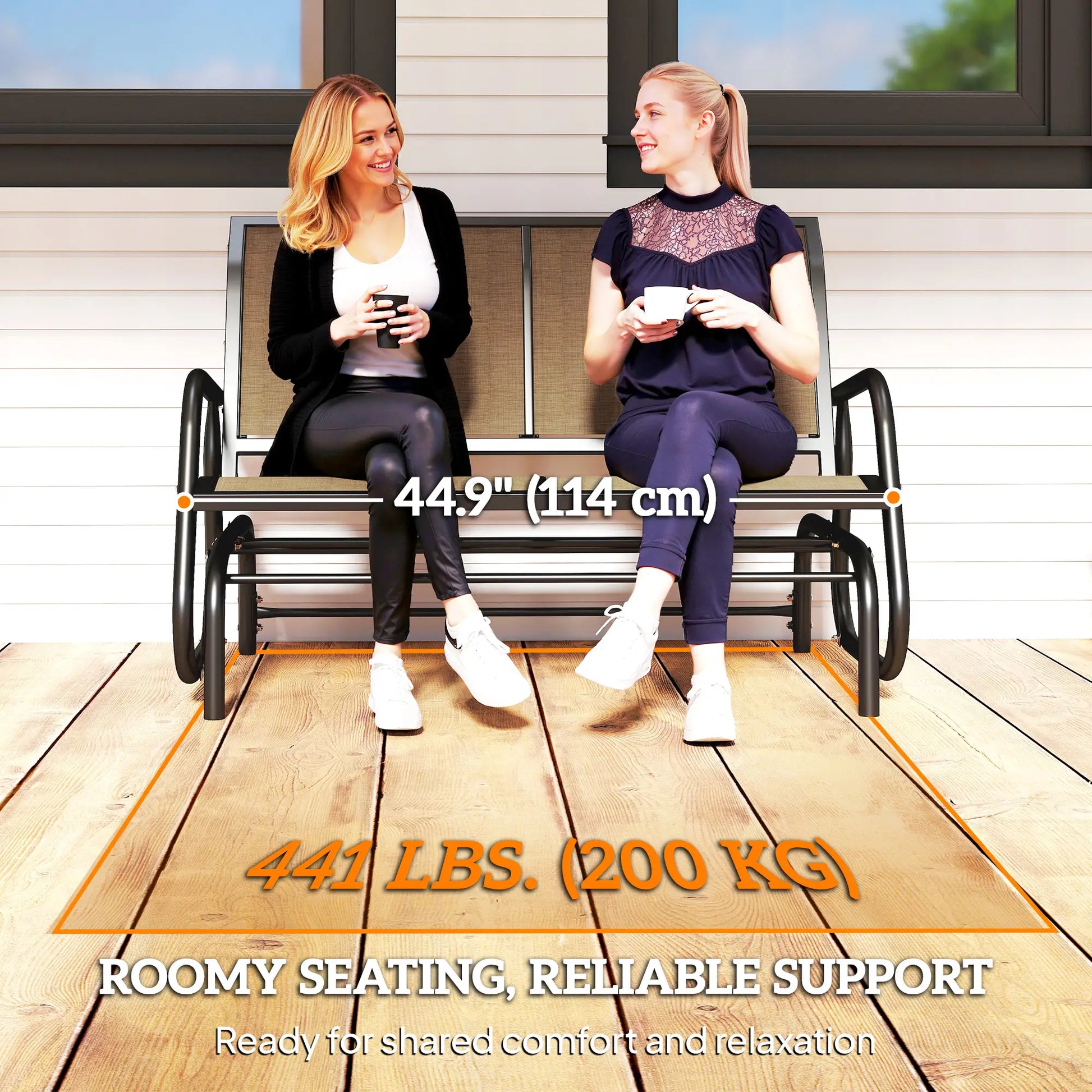 Outdoor Steel Glider Bench, Sling Fabric Swing Chair, Brown Outdoor Gliders at Gallery Canada