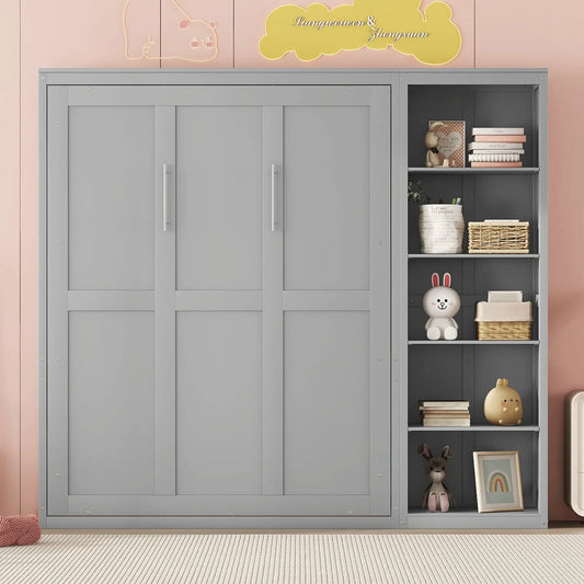 Murphy Bed with Shelves, Dual Piston Mechanism, 87.5" L x 16" W x 84" H, Grey Bed Frames Grey at Gallery Canada