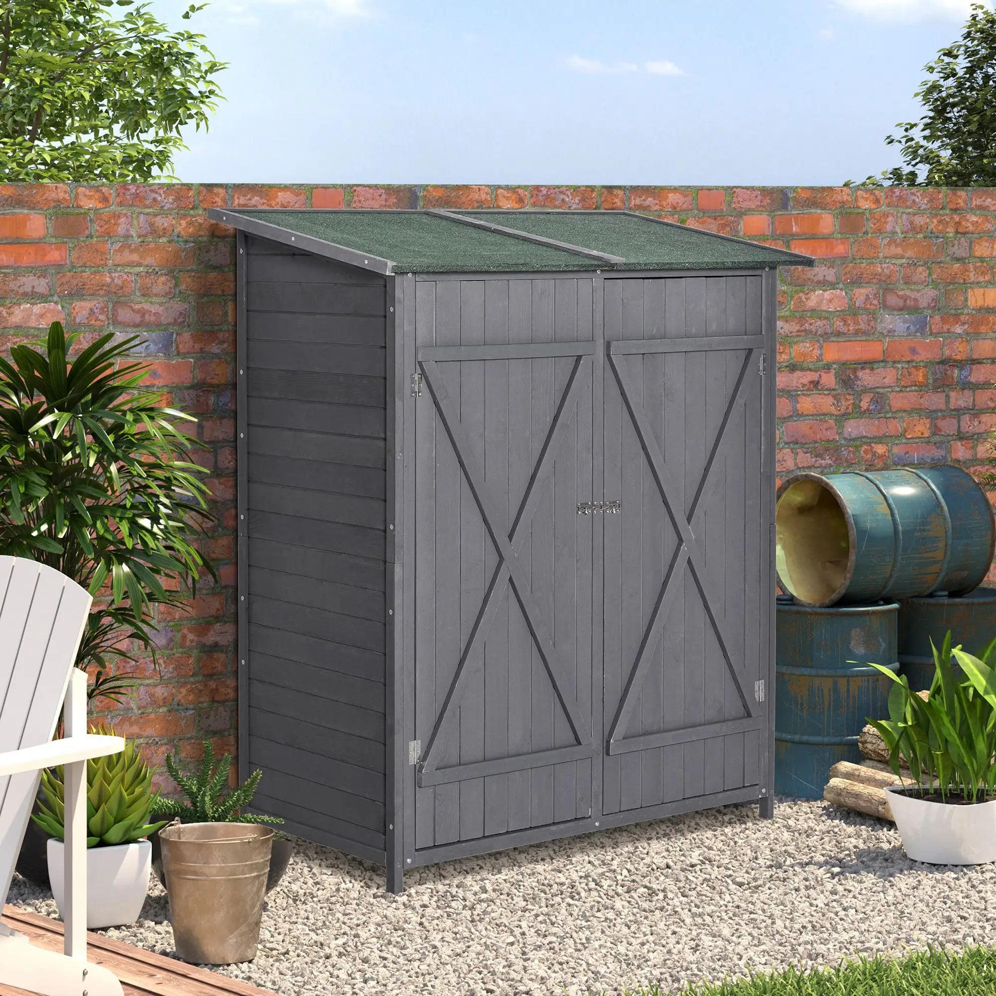 Garden Storage Shed, Asphalt Roof, Wooden, Double Door, Green and Grey Sheds at Gallery Canada