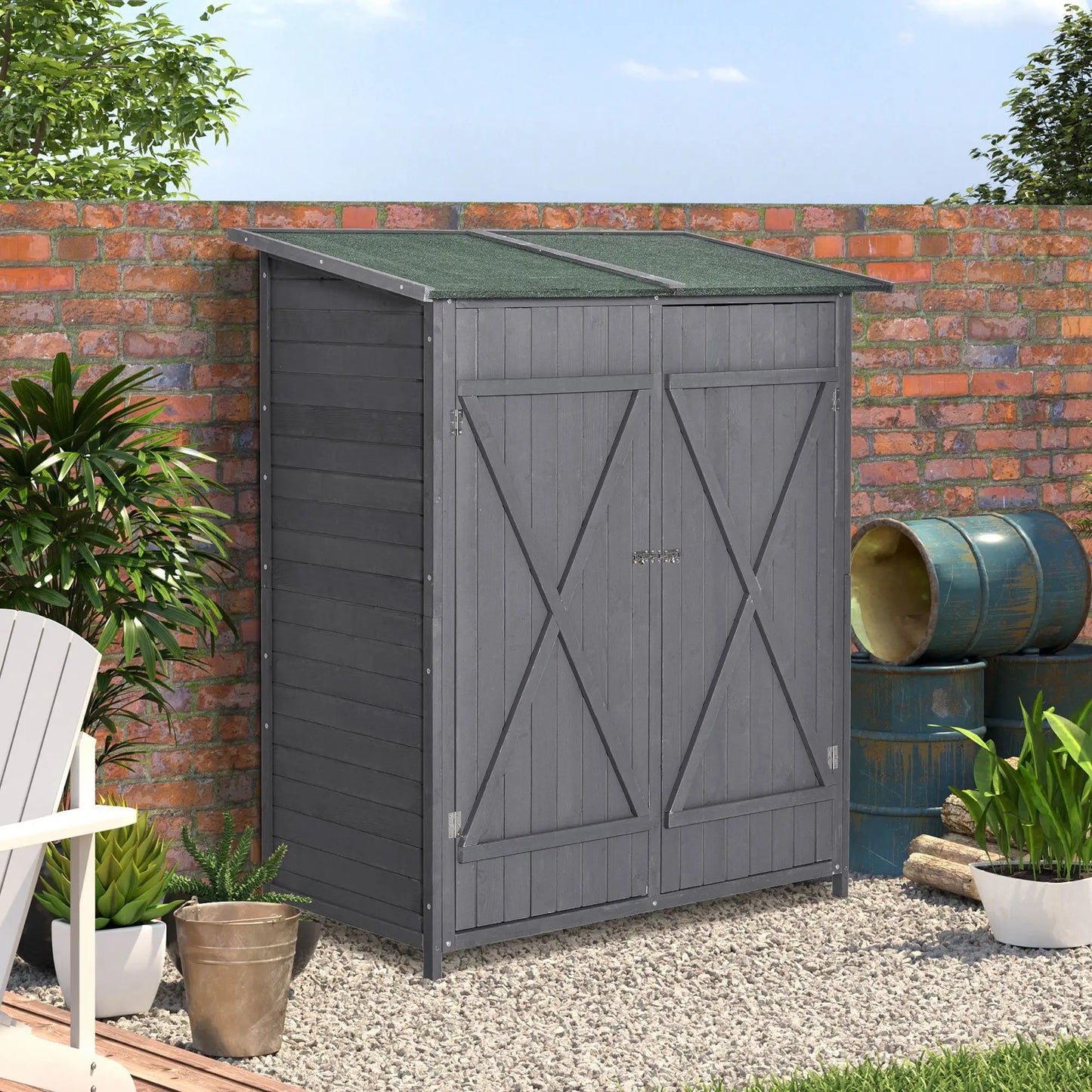 Garden Storage Shed, Asphalt Roof, Wooden, Double Door, Green and Grey Sheds at Gallery Canada