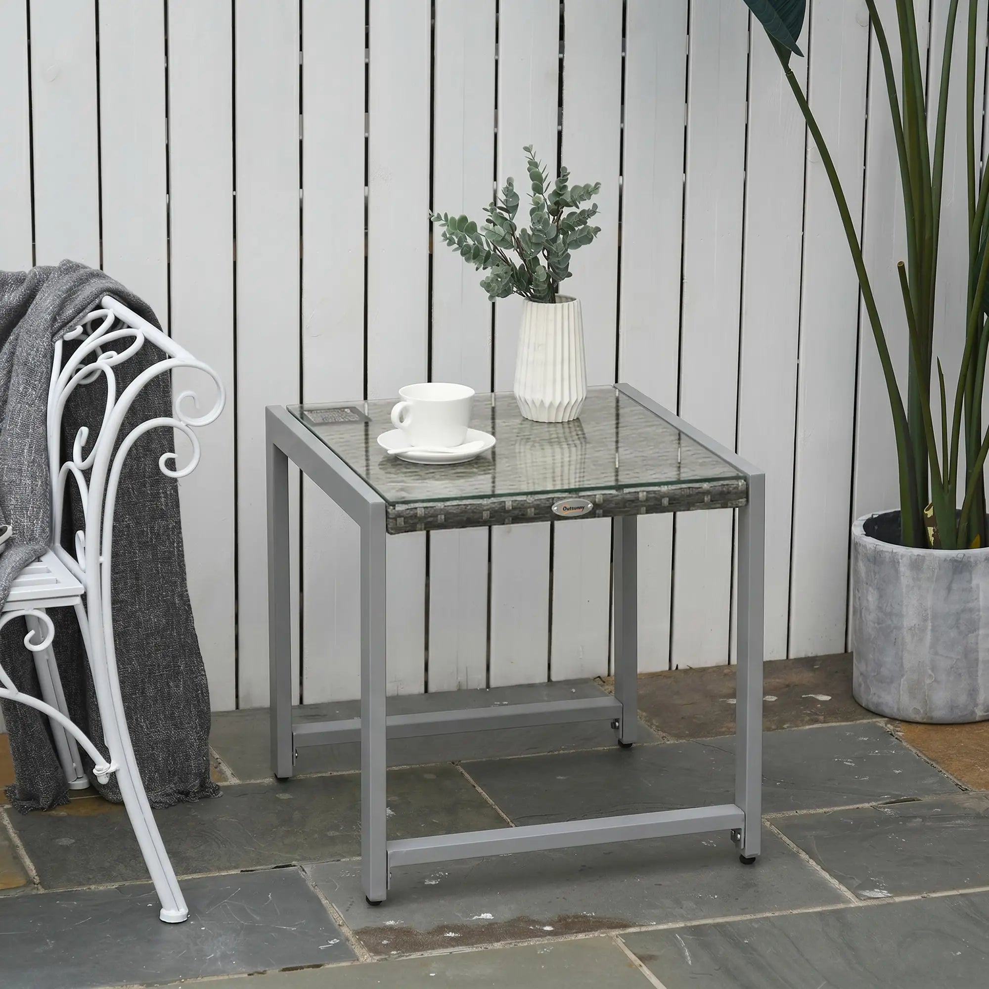 Rattan Coffee Table, Wicker Patio Side Table, Tempered Glass Top, Aluminum Frame, Gray Patio Side Tables at Gallery Canada