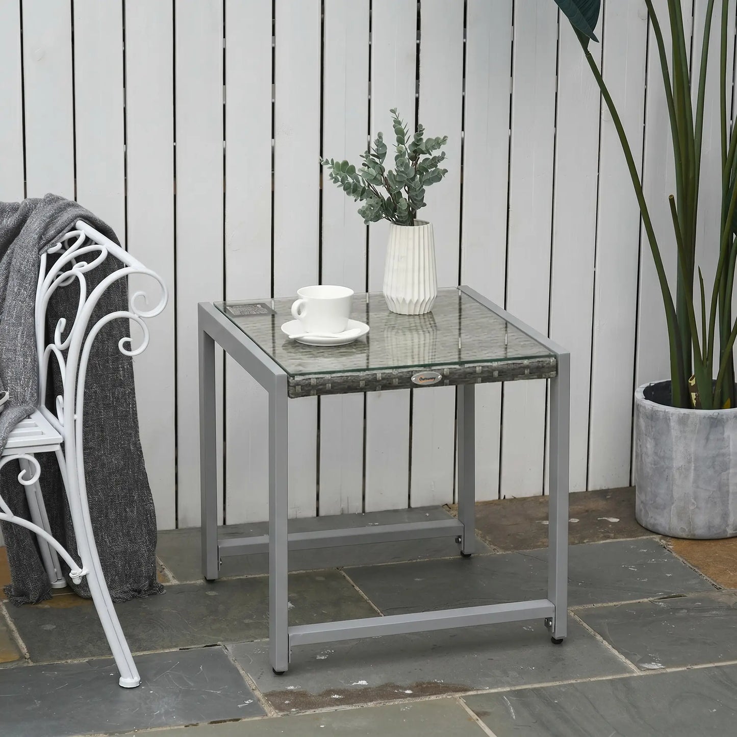 Rattan Coffee Table, Wicker Patio Side Table, Tempered Glass Top, Aluminum Frame, Gray Patio Side Tables at Gallery Canada