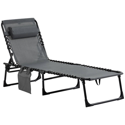 Outdoor Folding Chaise Lounge, Adjustable Backrest, Removable Pillow, Grey