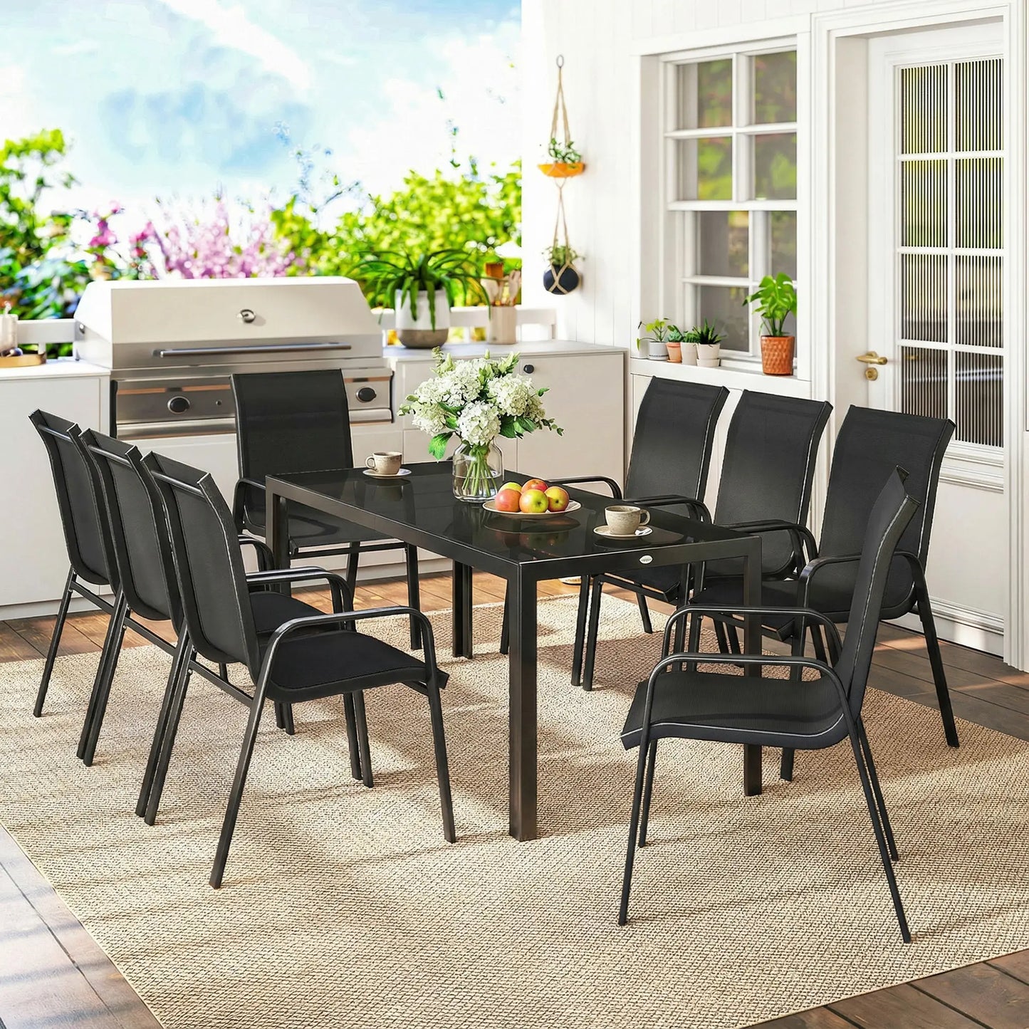 9 Piece Patio Set, Stackable Chairs, Glass Top, Black Outdoor Dining Sets at Gallery Canada