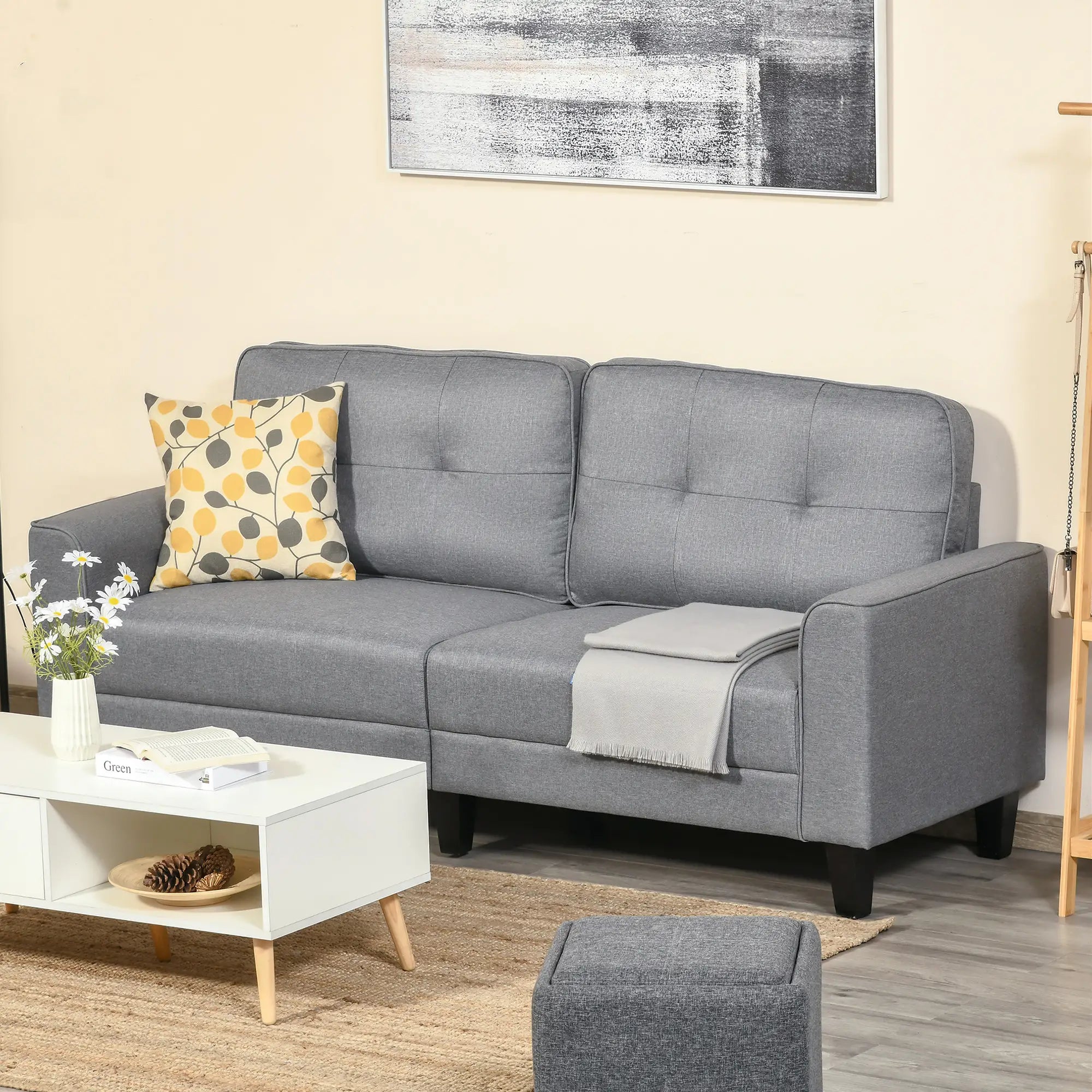 3-Seater Sofa, Mid-Century Linen Couch, Upholstered Seat, Gray 3-Seater Sofas at Gallery Canada