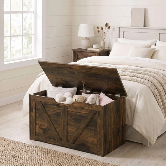 31.5 Inches Storage Chest with Safety Hinge, Rustic Brown Storage Cabinets Rustic Brown Wood Grain at Gallery Canada