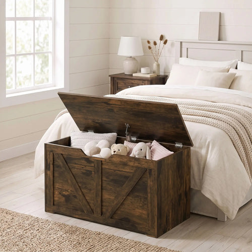 31.5 Inches Storage Chest with Safety Hinge, Rustic Brown
