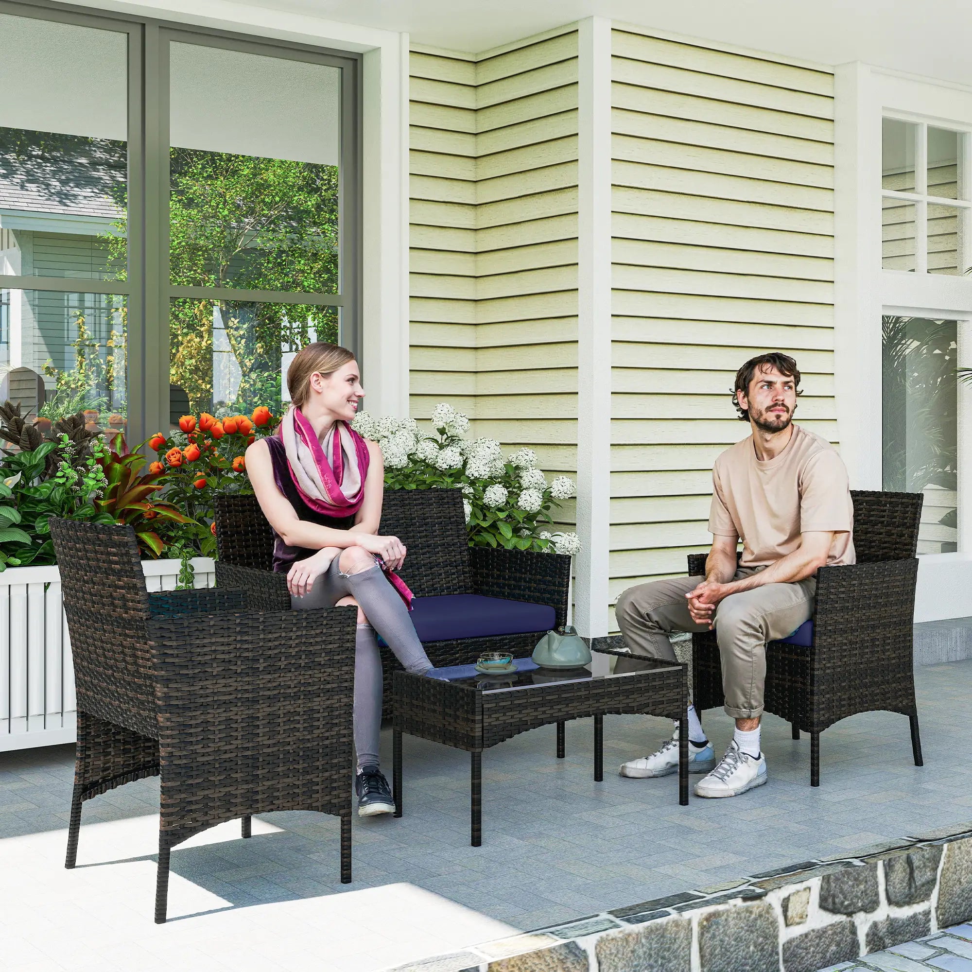 4-Piece Wicker Patio Furniture Set, Glass Coffee Table, Navy Blue Patio Furniture Sets at Gallery Canada