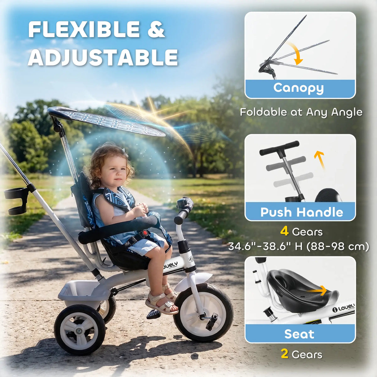 6 in 1 Kids Tricycle, Removable Handlebar, Canopy, Blue Tricycles for Kids at Gallery Canada