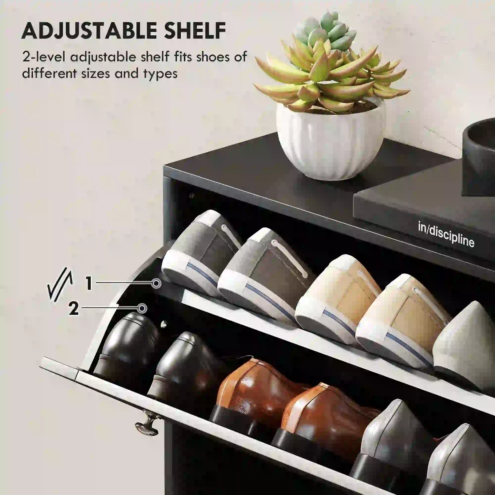 Narrow Shoe Storage Cabinet, 3 Flip Drawers, Adjustable Shelves, 24 Pairs, Black Shoe Storage Cabinets & Racks at Gallery Canada