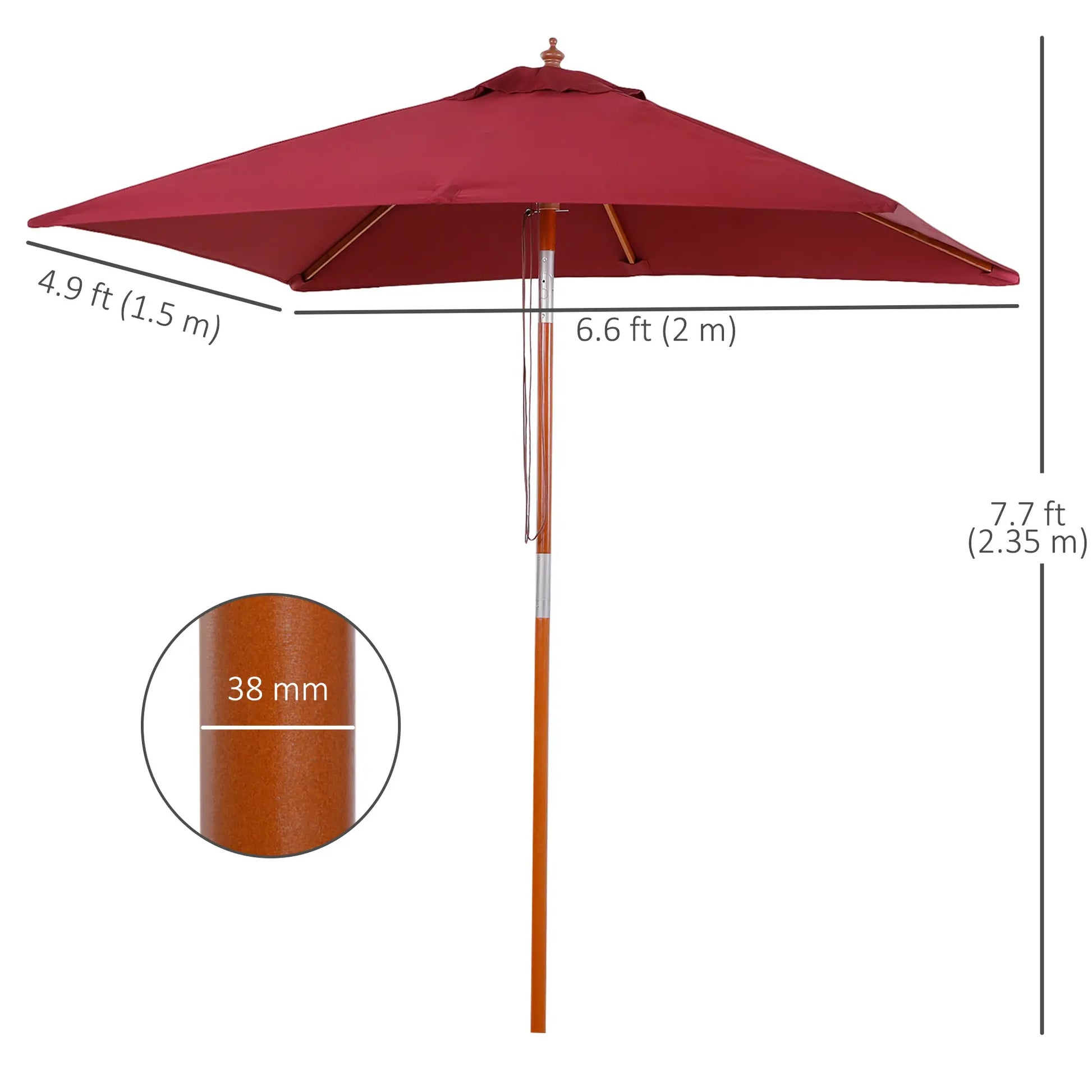 6.6x5ft Square Wooden Patio Umbrella, Tilt Mechanism, 6 Bamboo Ribs, Wine Red Sun Umbrellas at Gallery Canada