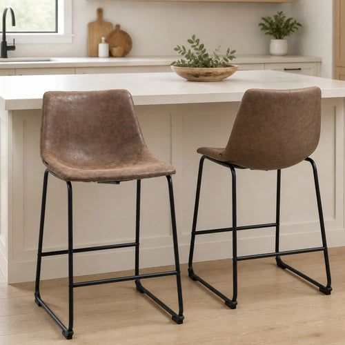 Vintage PU Leather Bar Stools, Set of 2, Counter Height, Brown