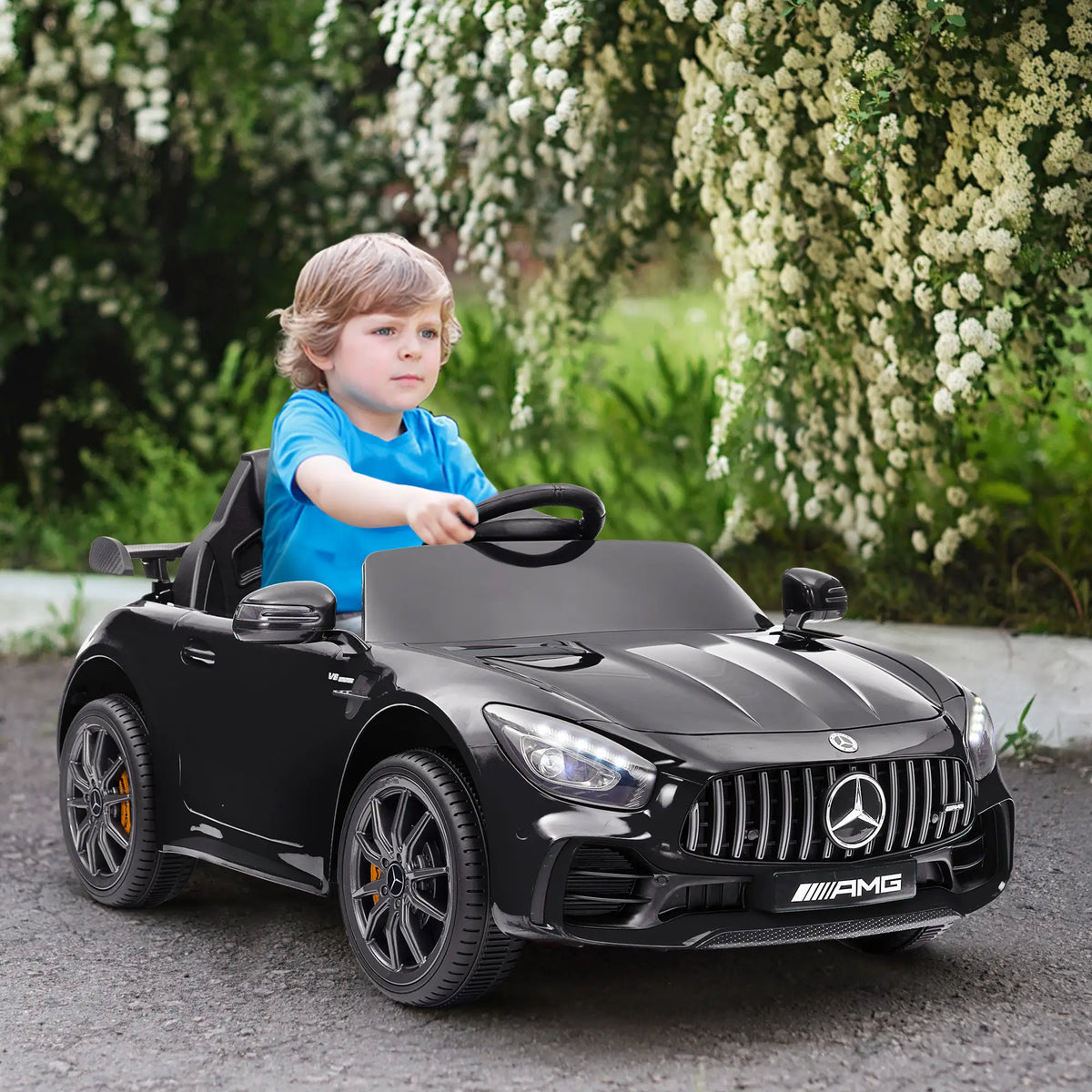 12V Battery Powered Kids Electric Car, Remote, Lights, Music Horn, Black