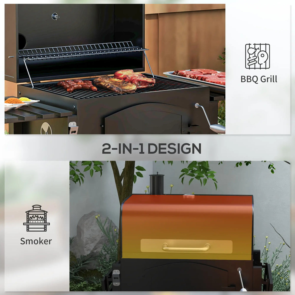 Charcoal Smoker, Adjustable Height, Folding Shelves, Thermometer, Wheels, Black Charcoal BBQ Grils at Gallery Canada