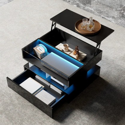 Glass Top LED Coffee Table, Storage Drawer, Adjustable Height, 26" L x 21.5" W x 21.5" H, Black Coffee Tables at Gallery Canada