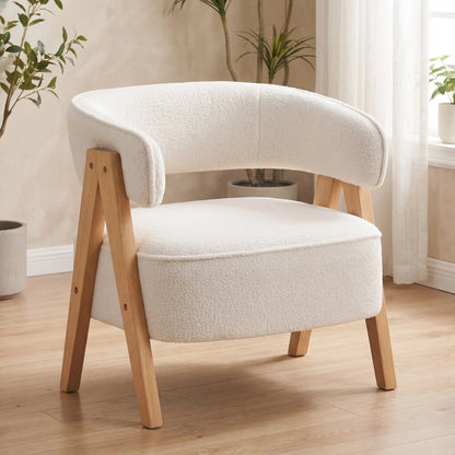 Sherpa Fleece Accent Chair, Upholstered Armchair with Wood Legs, White Accent Chairs at Gallery Canada
