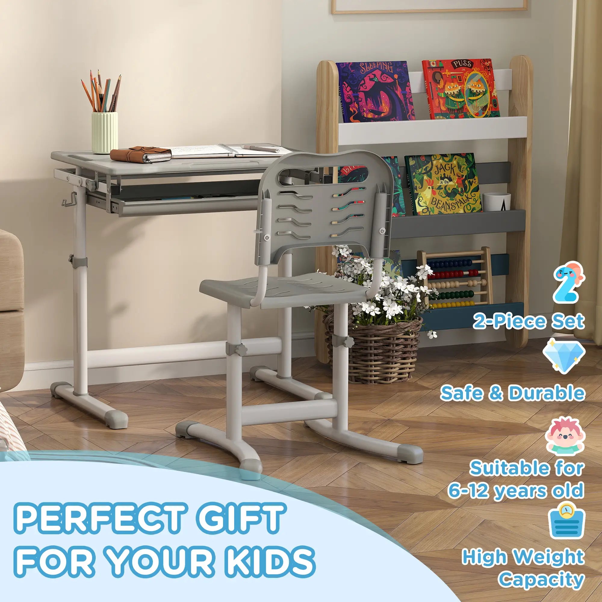 Adjustable Study Table and Chair Set, Drawer, Pen Slot, Grey Kids Desk Sets at Gallery Canada