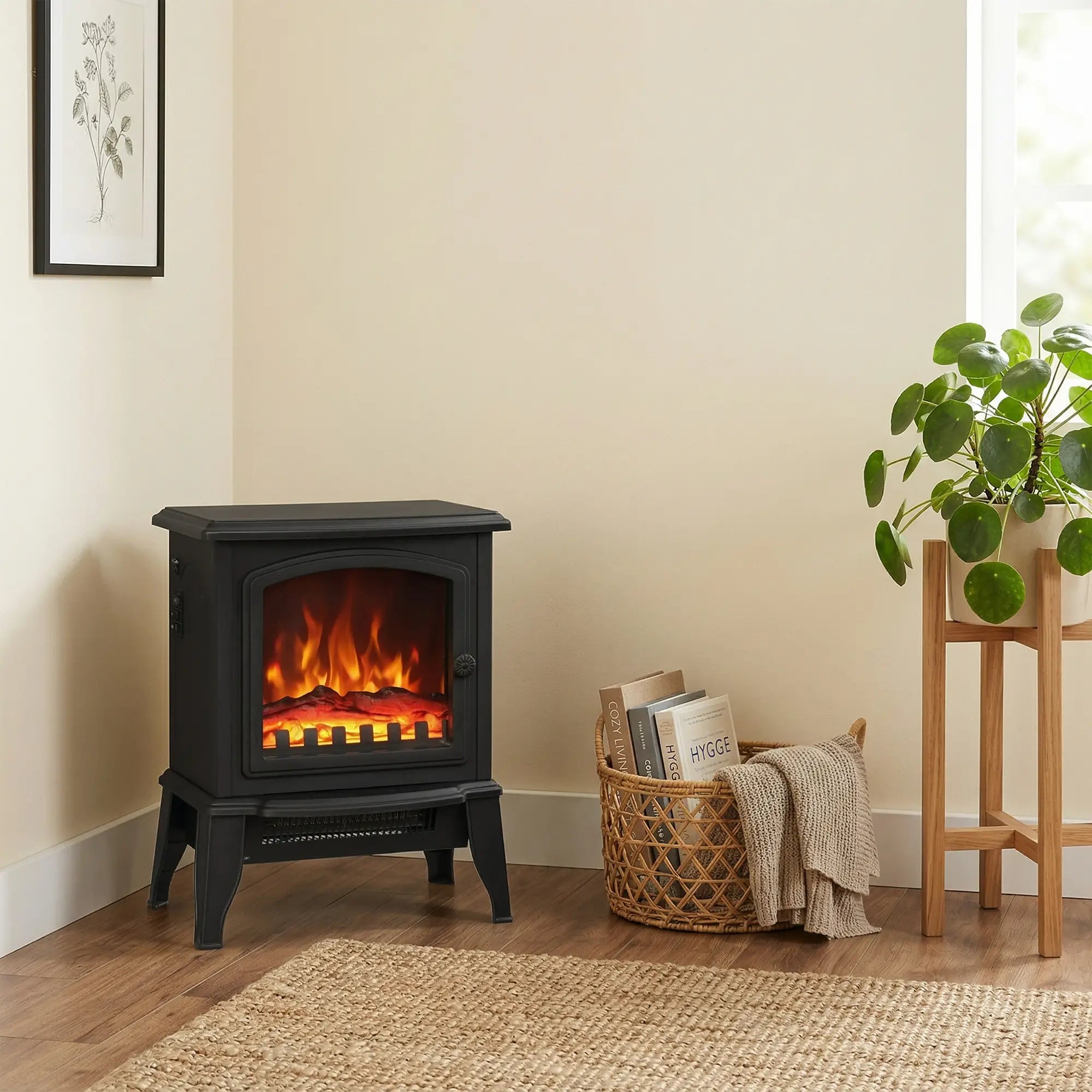 Electric Fireplace Heater, Freestanding, Realistic Flame, Overheat Protection, 750W/1500W, Black Electric Fireplaces at Gallery Canada