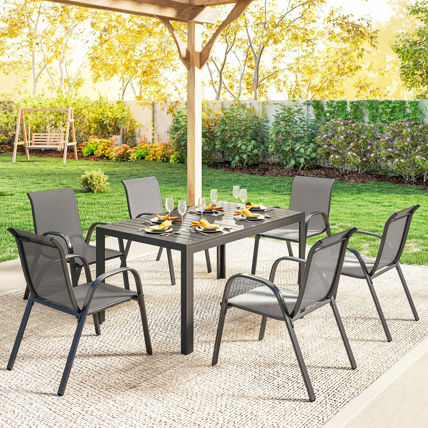 7-Piece Outdoor Dining Set, Rectangular Table, Stackable Chairs, Light Grey Outdoor Dining Sets at Gallery Canada