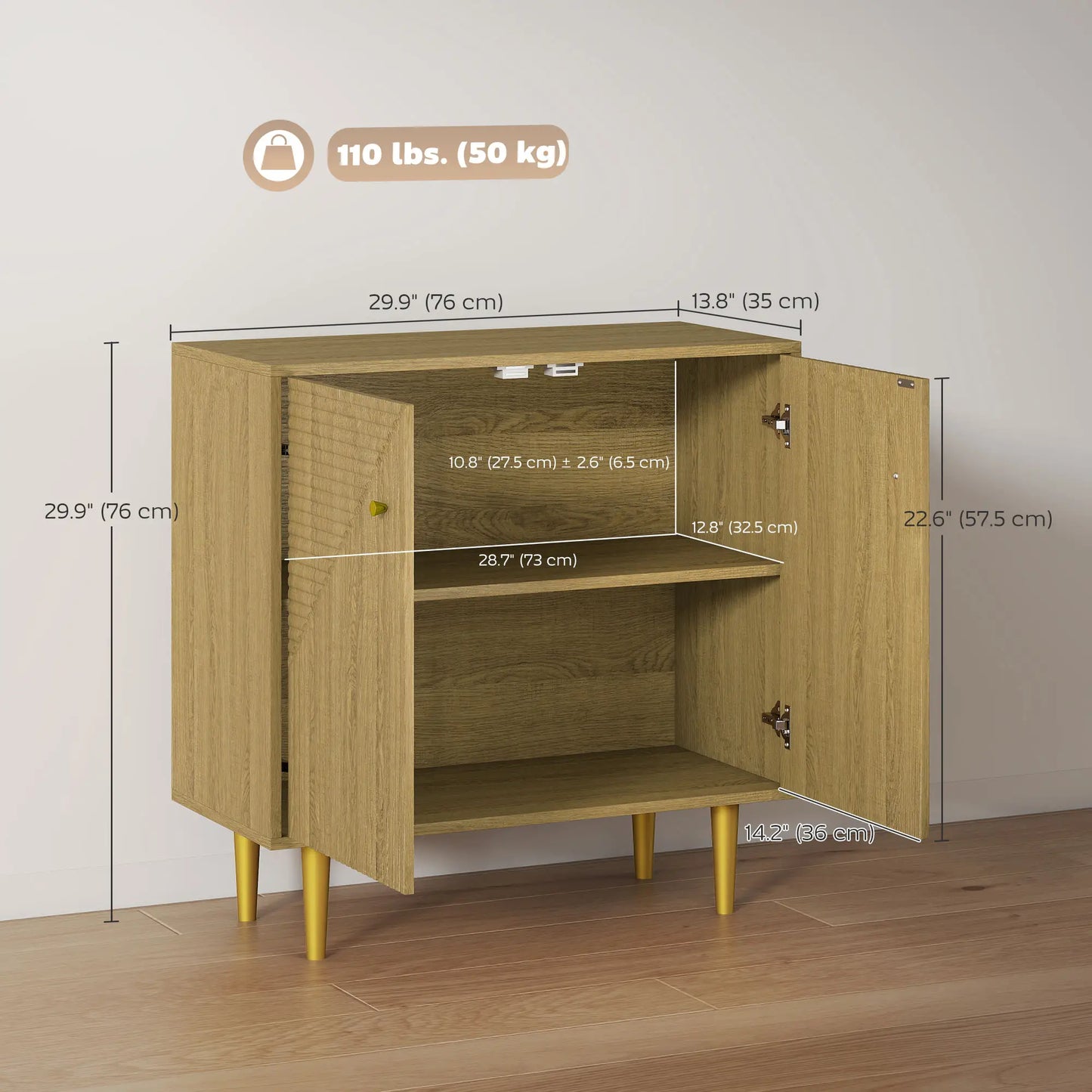 Oak Sideboard With Adjustable Shelf, 2 Doors, Gold Steel Legs, Gold Storage Cabinets at Gallery Canada